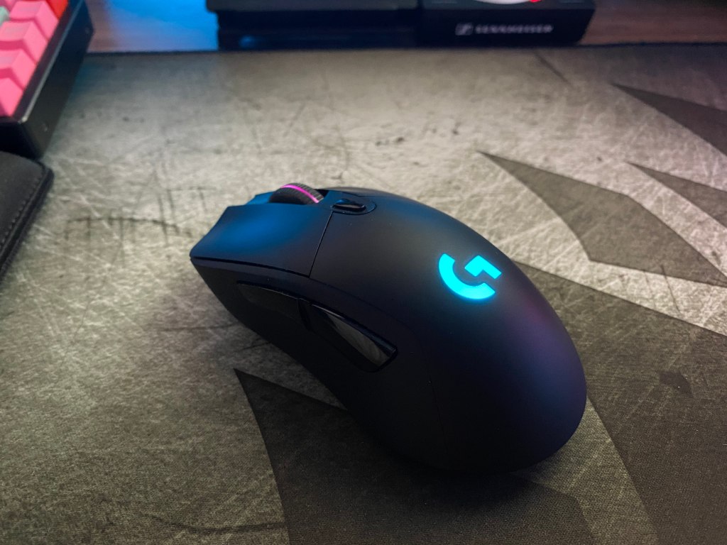 Angled view of gaming mouse on a mousepad.