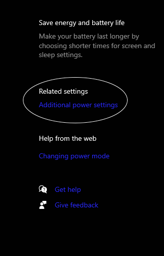 Additional power settings option circled in Windows settings