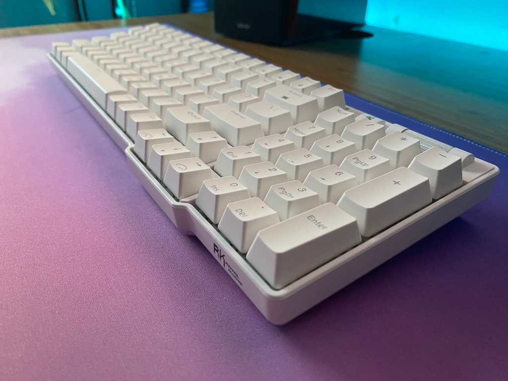 Angled view of Royal Kludge RK96 mechanical keyboard on a desk.